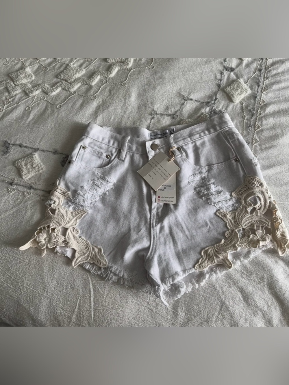 White Denim Shorts with Cream Crochet Trim